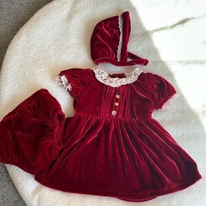 Deep red with white lace detailing dress and matching bonnet and bloomers 3-6m